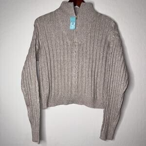 Aster Womens Faux Neck Long Sleeve Woven Sweater Tan Textured Fall Winter Large